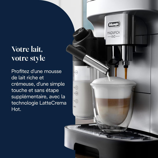 Magnifica Evo (ECAM292.81.SB)- Perfetto Machine à Café Automatique avec LatteCrema Mousseur à Lait Automatique, 7 Boissons en une Seule Touche, Commandes Soft Touch, Argent et Noir